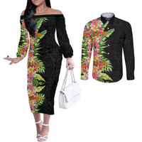 Hawaii Tropical Flowers Tribal Pattern Couples Matching Off The Shoulder Long Sleeve Dress and Long Sleeve Button Shirt No1 LT9 Black - Polynesian Pride