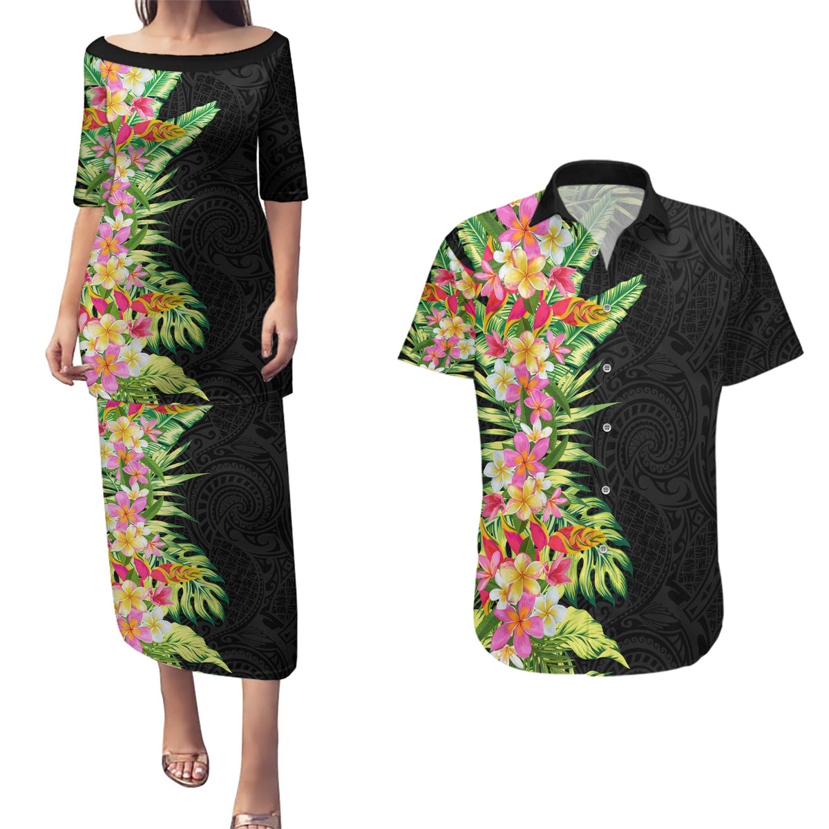 Hawaii Tropical Flowers Tribal Pattern Couples Matching Puletasi and Hawaiian Shirt No1 LT9 Black - Polynesian Pride