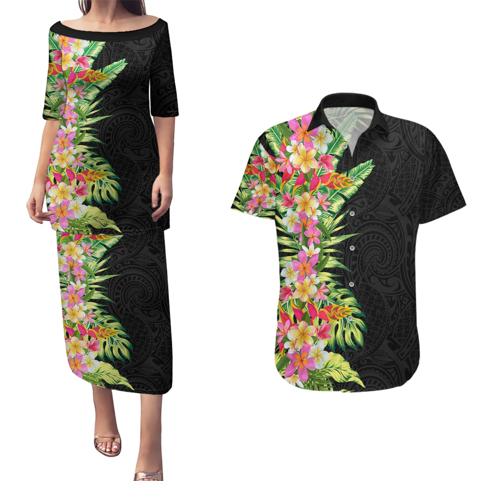 Hawaii Tropical Flowers Tribal Pattern Couples Matching Puletasi and Hawaiian Shirt No1 LT9 Black - Polynesian Pride