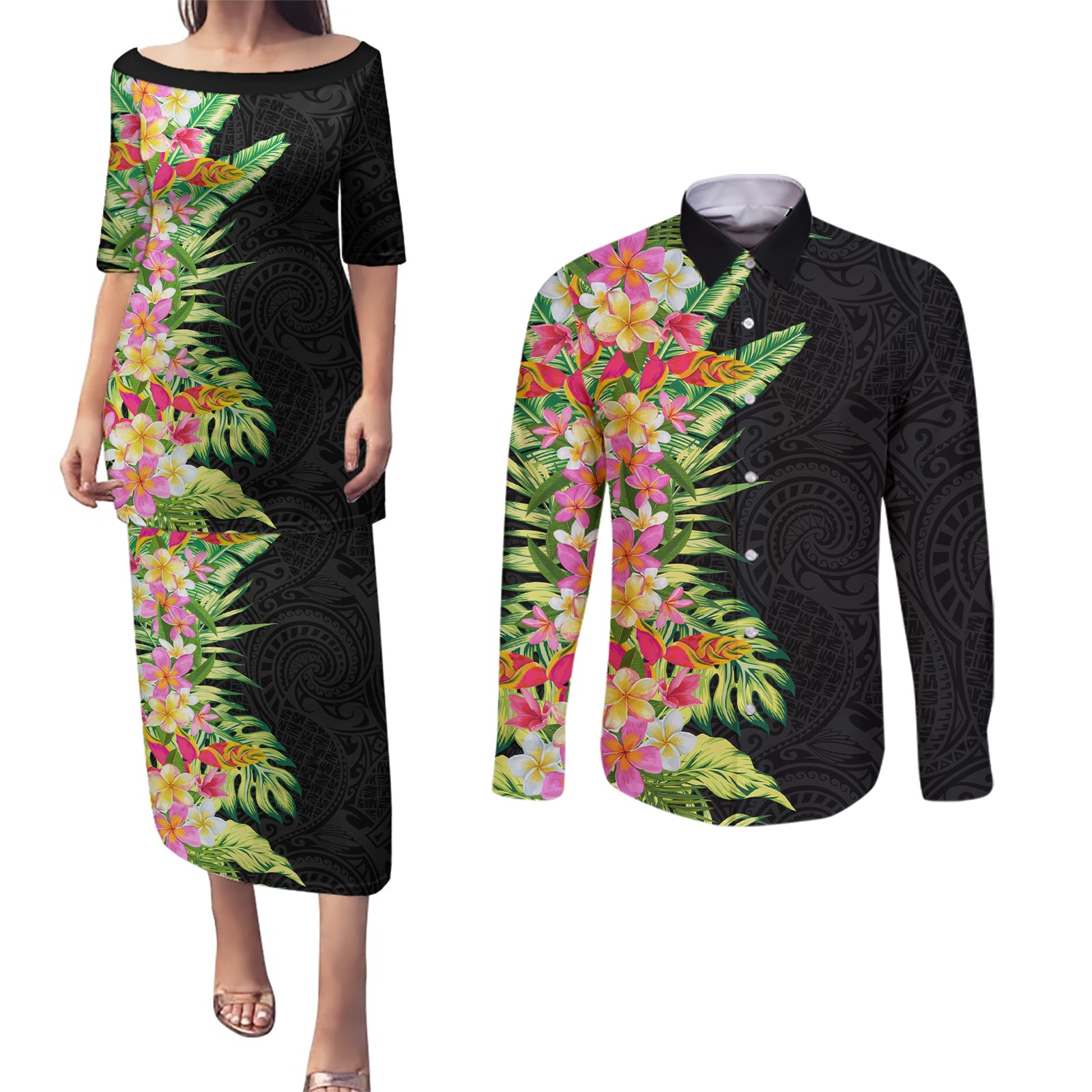 Hawaii Tropical Flowers Tribal Pattern Couples Matching Puletasi and Long Sleeve Button Shirt No1 LT9 Black - Polynesian Pride