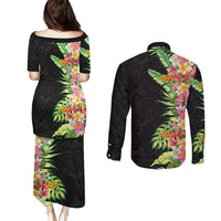 Hawaii Tropical Flowers Tribal Pattern Couples Matching Puletasi and Long Sleeve Button Shirt No1 LT9 - Polynesian Pride