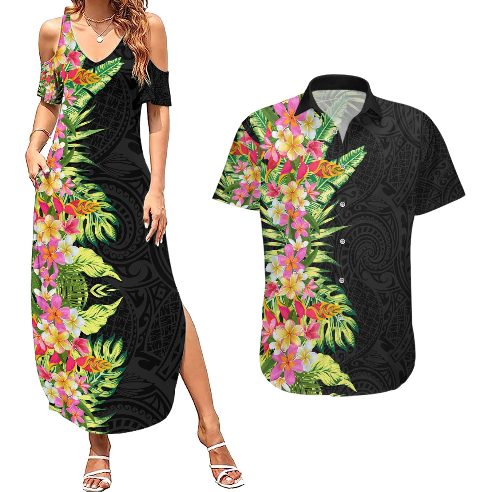 Hawaii Tropical Flowers Tribal Pattern Couples Matching Summer Maxi Dress and Hawaiian Shirt No1 LT9 Black - Polynesian Pride