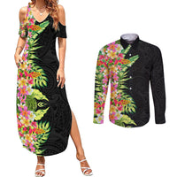 Hawaii Tropical Flowers Tribal Pattern Couples Matching Summer Maxi Dress and Long Sleeve Button Shirt No1 LT9 Black - Polynesian Pride
