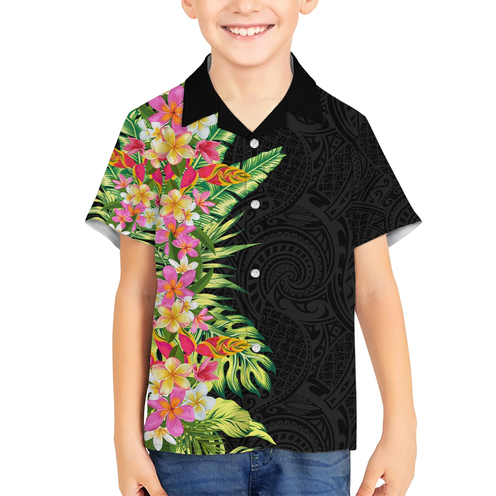 Hawaii Tropical Flowers Tribal Pattern Kid Hawaiian Shirt No1 LT9 Kid Black - Polynesian Pride