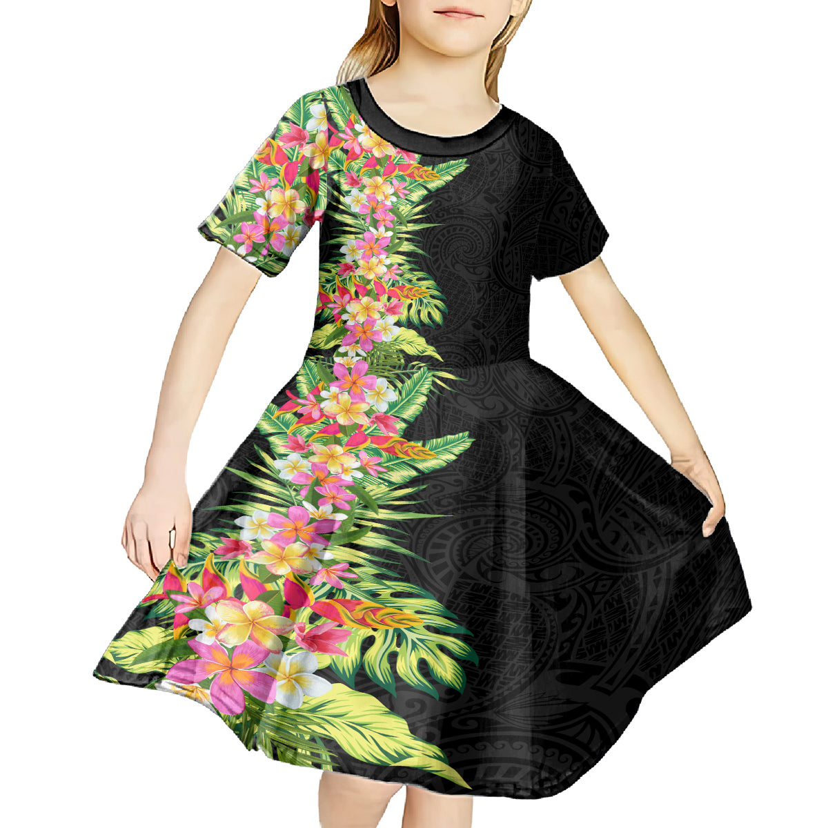 Hawaii Tropical Flowers Tribal Pattern Kid Short Sleeve Dress No1 LT9 - Polynesian Pride