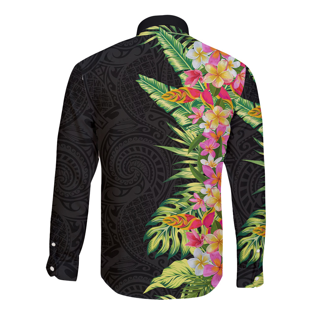 Hawaii Tropical Flowers Tribal Pattern Long Sleeve Button Shirt No1 LT9 - Polynesian Pride