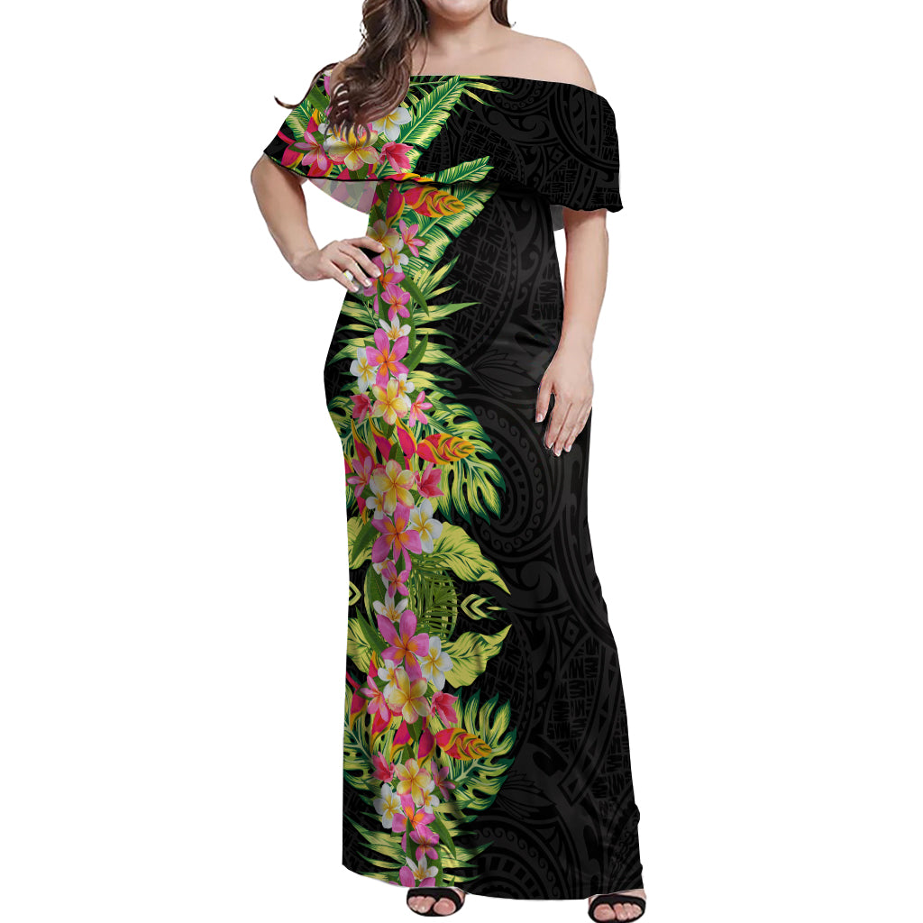 Hawaii Tropical Flowers Tribal Pattern Off Shoulder Maxi Dress No1 LT9 Women Black - Polynesian Pride