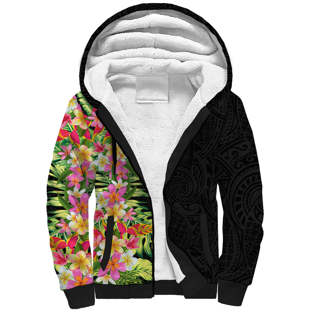 Hawaii Tropical Flowers Tribal Pattern Sherpa Hoodie No1 LT9 Unisex Black - Polynesian Pride