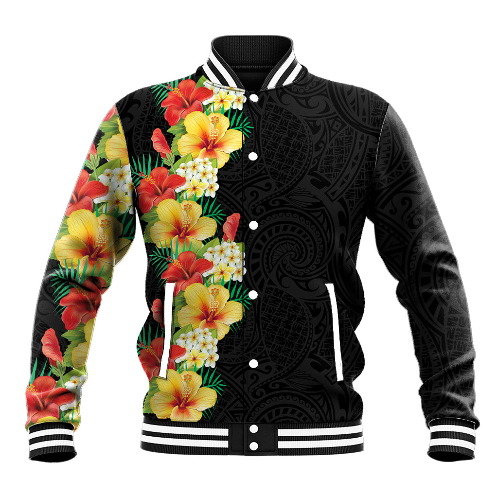 Hawaii Tropical Flowers Tribal Pattern Baseball Jacket No2 LT9 Unisex Black - Polynesian Pride