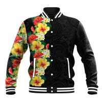 Hawaii Tropical Flowers Tribal Pattern Baseball Jacket No2 LT9 Unisex Black - Polynesian Pride