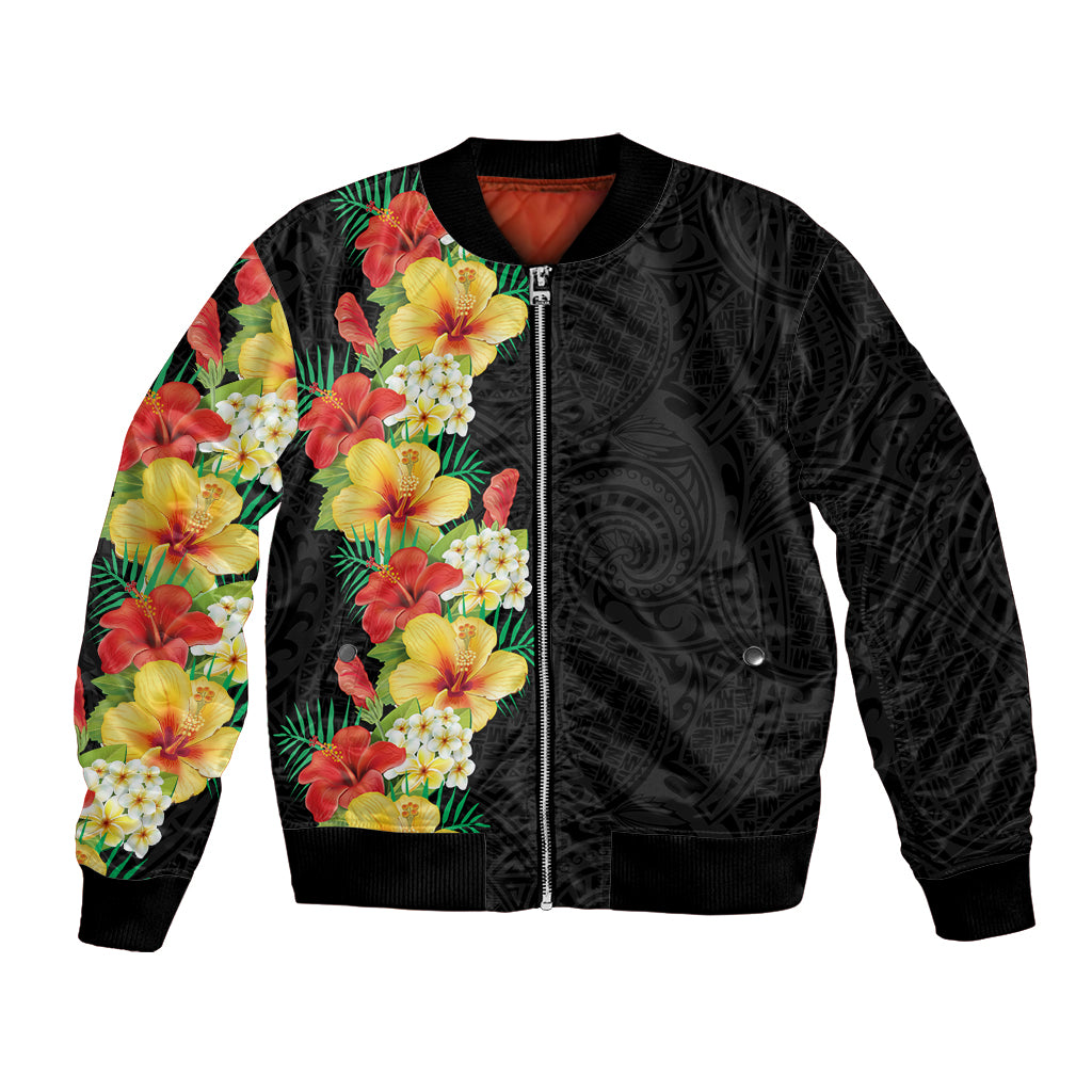Hawaii Tropical Flowers Tribal Pattern Bomber Jacket No2 LT9 Unisex Black - Polynesian Pride
