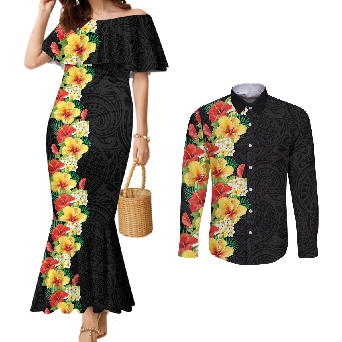 Hawaii Tropical Flowers Tribal Pattern Couples Matching Mermaid Dress and Long Sleeve Button Shirt No2 LT9 Black - Polynesian Pride