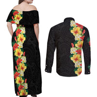 Hawaii Tropical Flowers Tribal Pattern Couples Matching Off Shoulder Maxi Dress and Long Sleeve Button Shirt No2 LT9 - Polynesian Pride