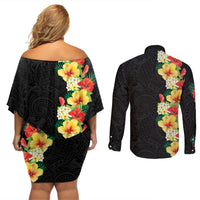 Hawaii Tropical Flowers Tribal Pattern Couples Matching Off Shoulder Short Dress and Long Sleeve Button Shirt No2 LT9 - Polynesian Pride