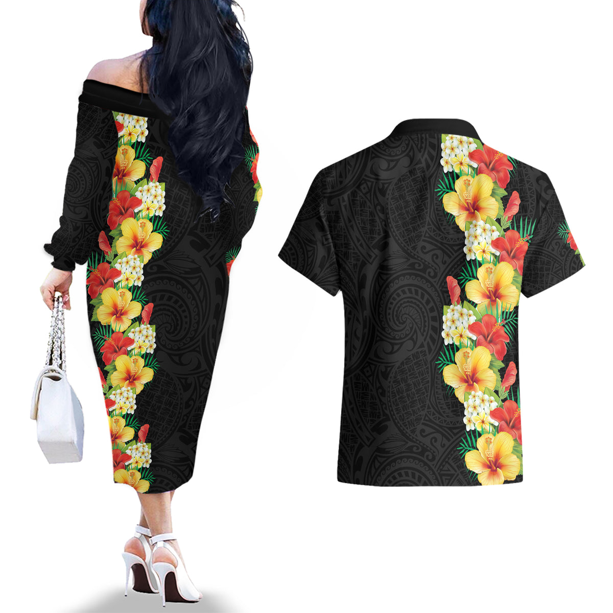 Hawaii Tropical Flowers Tribal Pattern Couples Matching Off The Shoulder Long Sleeve Dress and Hawaiian Shirt No2 LT9 - Polynesian Pride