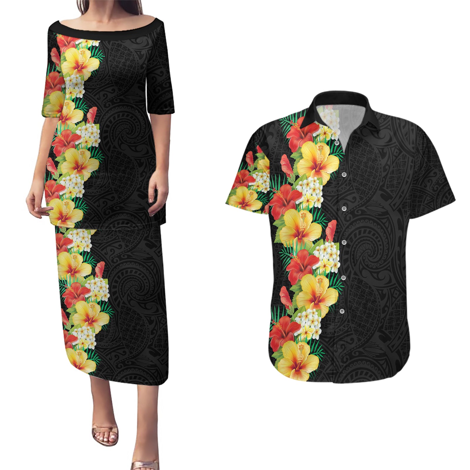 Hawaii Tropical Flowers Tribal Pattern Couples Matching Puletasi and Hawaiian Shirt No2 LT9 Black - Polynesian Pride