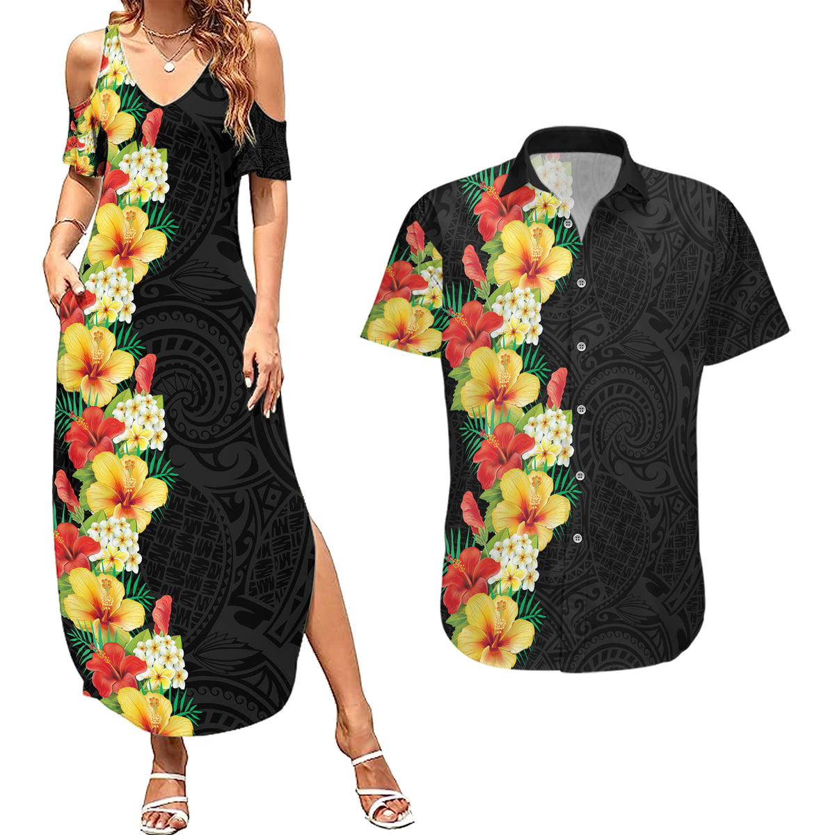 Hawaii Tropical Flowers Tribal Pattern Couples Matching Summer Maxi Dress and Hawaiian Shirt No2 LT9 Black - Polynesian Pride
