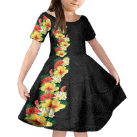 Hawaii Tropical Flowers Tribal Pattern Family Matching Long Sleeve Bodycon Dress and Hawaiian Shirt No2 LT9 Daughter's Dress Black - Polynesian Pride