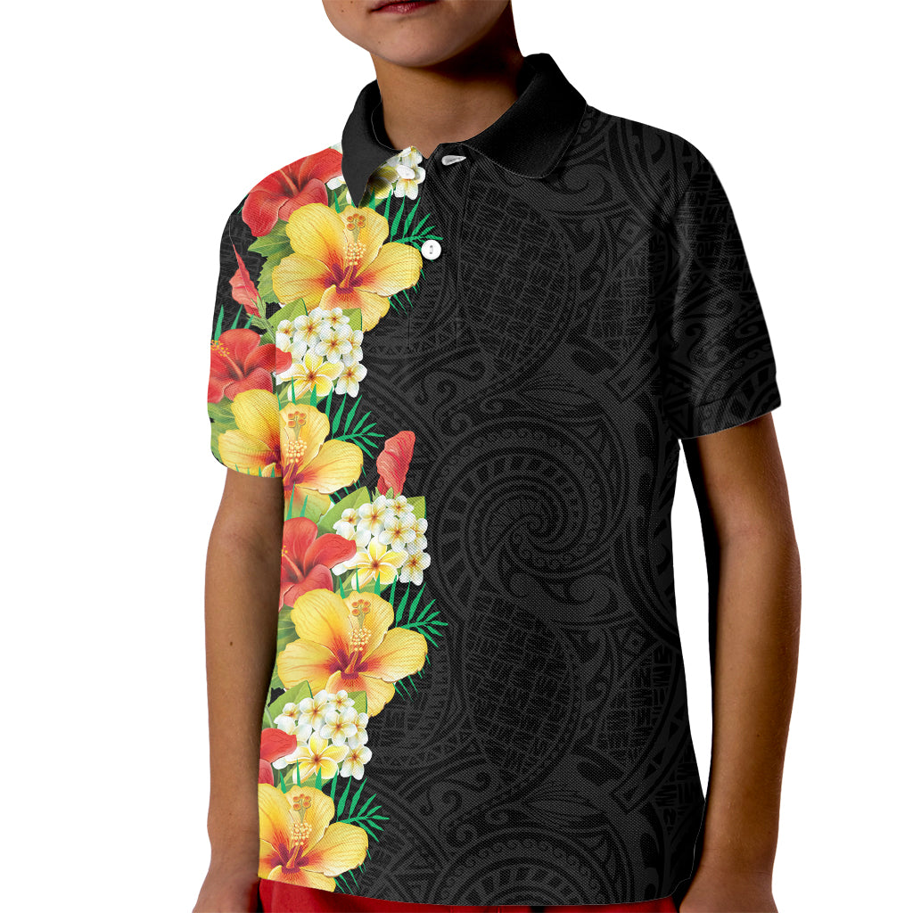 Hawaii Tropical Flowers Tribal Pattern Kid Polo Shirt No2 LT9 Kid Black - Polynesian Pride