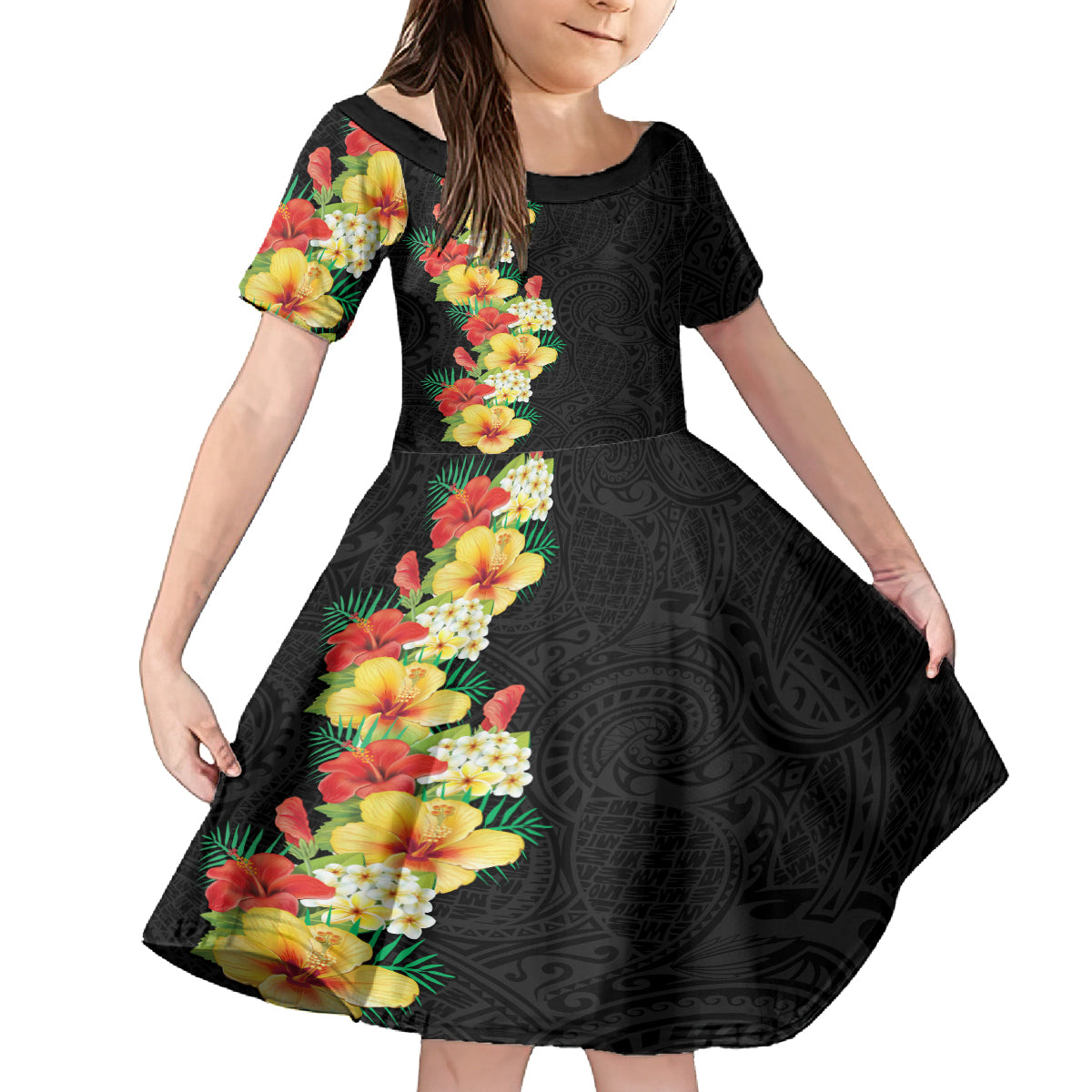 Hawaii Tropical Flowers Tribal Pattern Kid Short Sleeve Dress No2 LT9 KID Black - Polynesian Pride