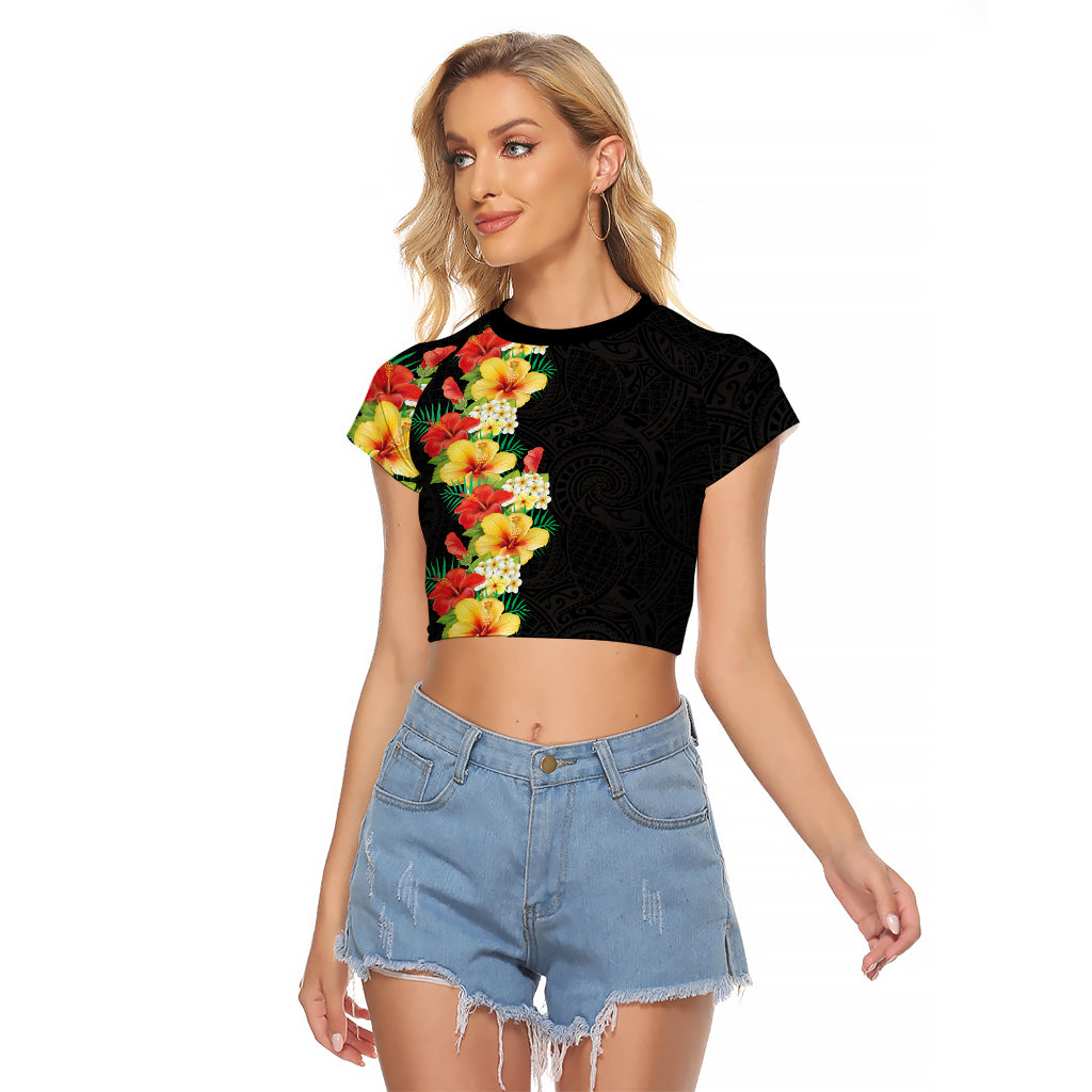 Hawaii Tropical Flowers Tribal Pattern Raglan Cropped T Shirt No2 LT9 Female Black - Polynesian Pride