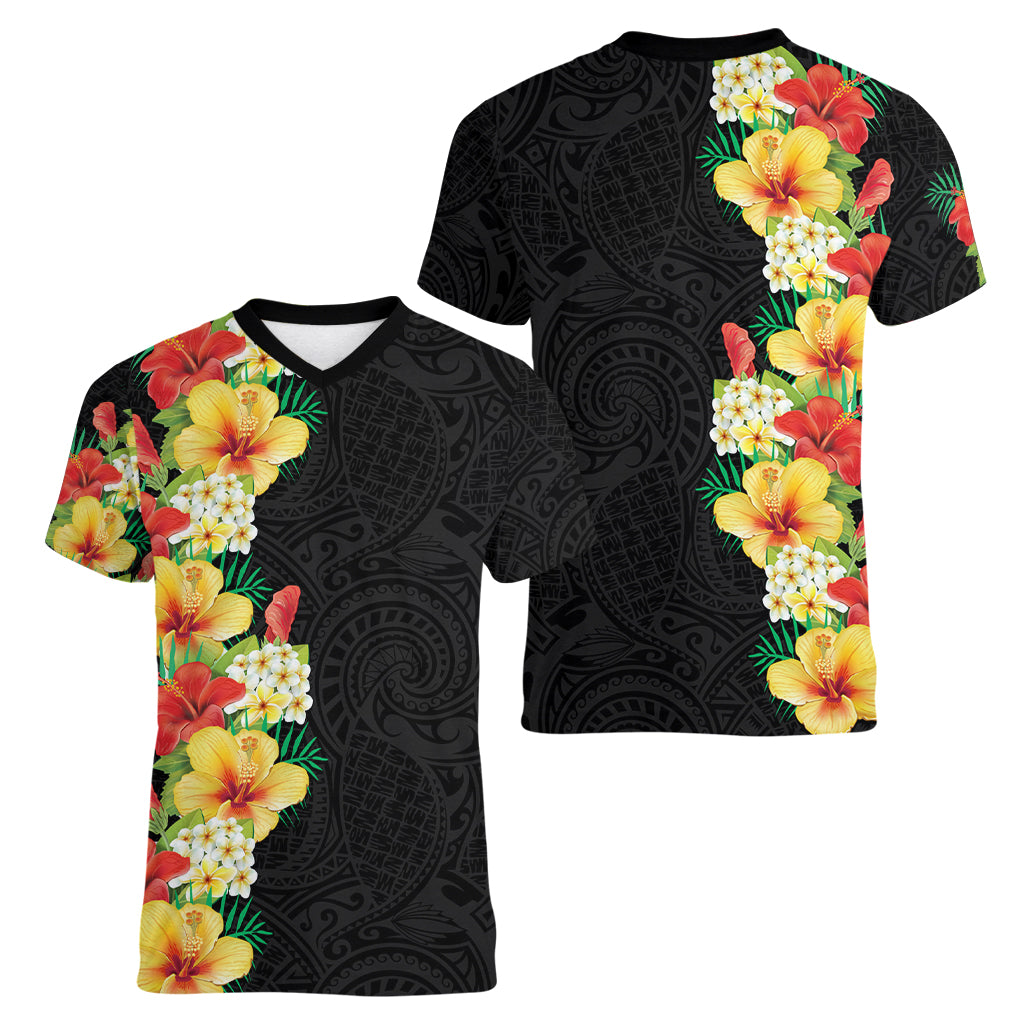 Hawaii Tropical Flowers Tribal Pattern Women V Neck T Shirt No2 LT9 - Polynesian Pride
