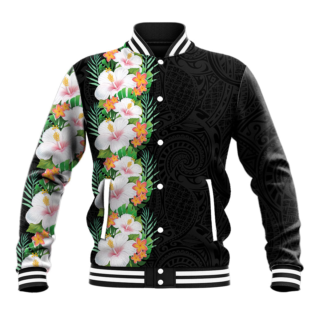 Hawaii Tropical Flowers Tribal Pattern Baseball Jacket No3 LT9 Unisex Black - Polynesian Pride