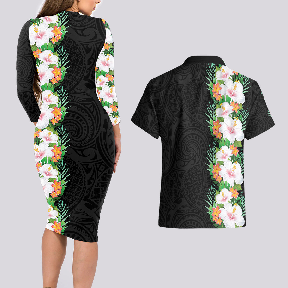 Hawaii Tropical Flowers Tribal Pattern Couples Matching Long Sleeve Bodycon Dress and Hawaiian Shirt No3 LT9 - Polynesian Pride
