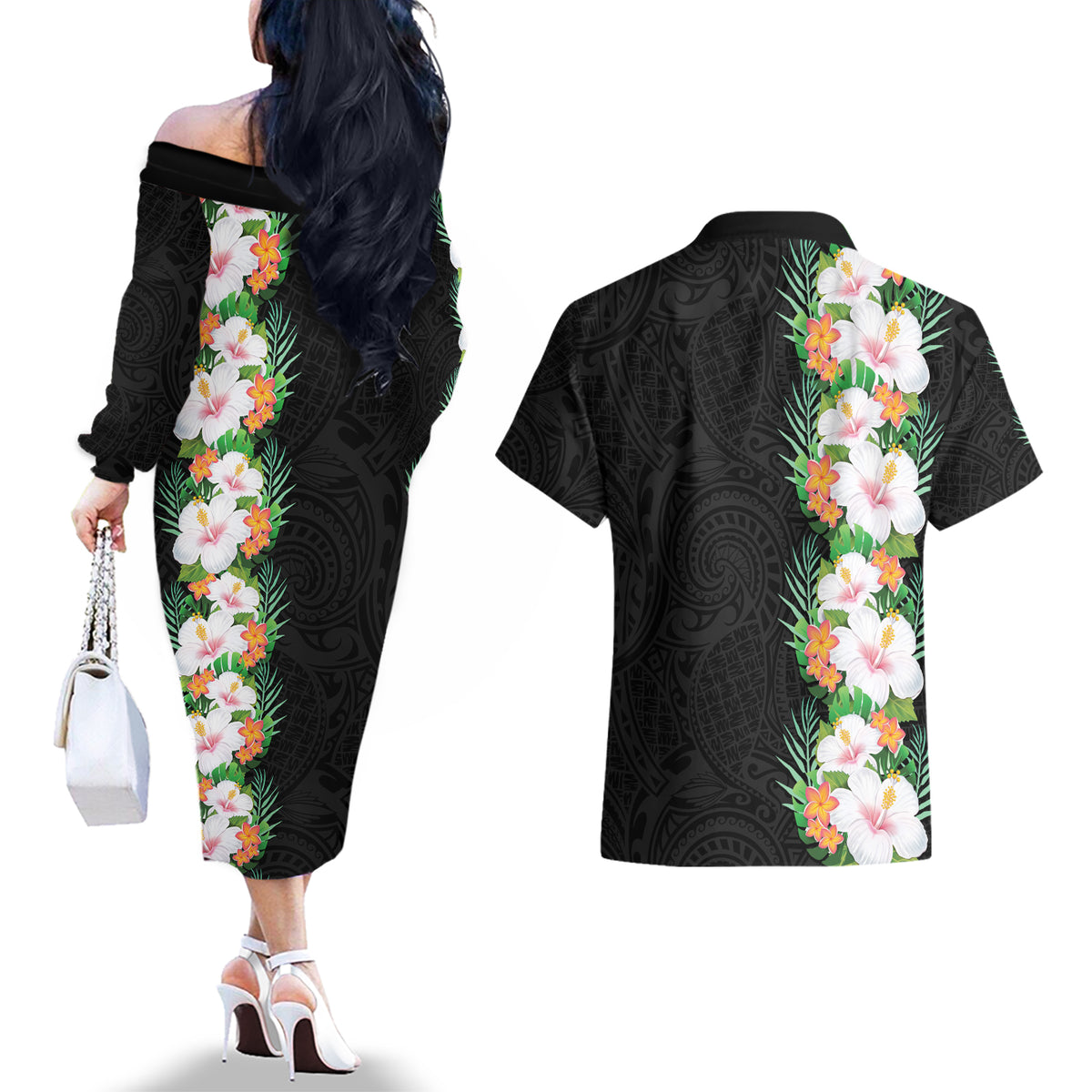 Hawaii Tropical Flowers Tribal Pattern Couples Matching Off The Shoulder Long Sleeve Dress and Hawaiian Shirt No3 LT9 - Polynesian Pride
