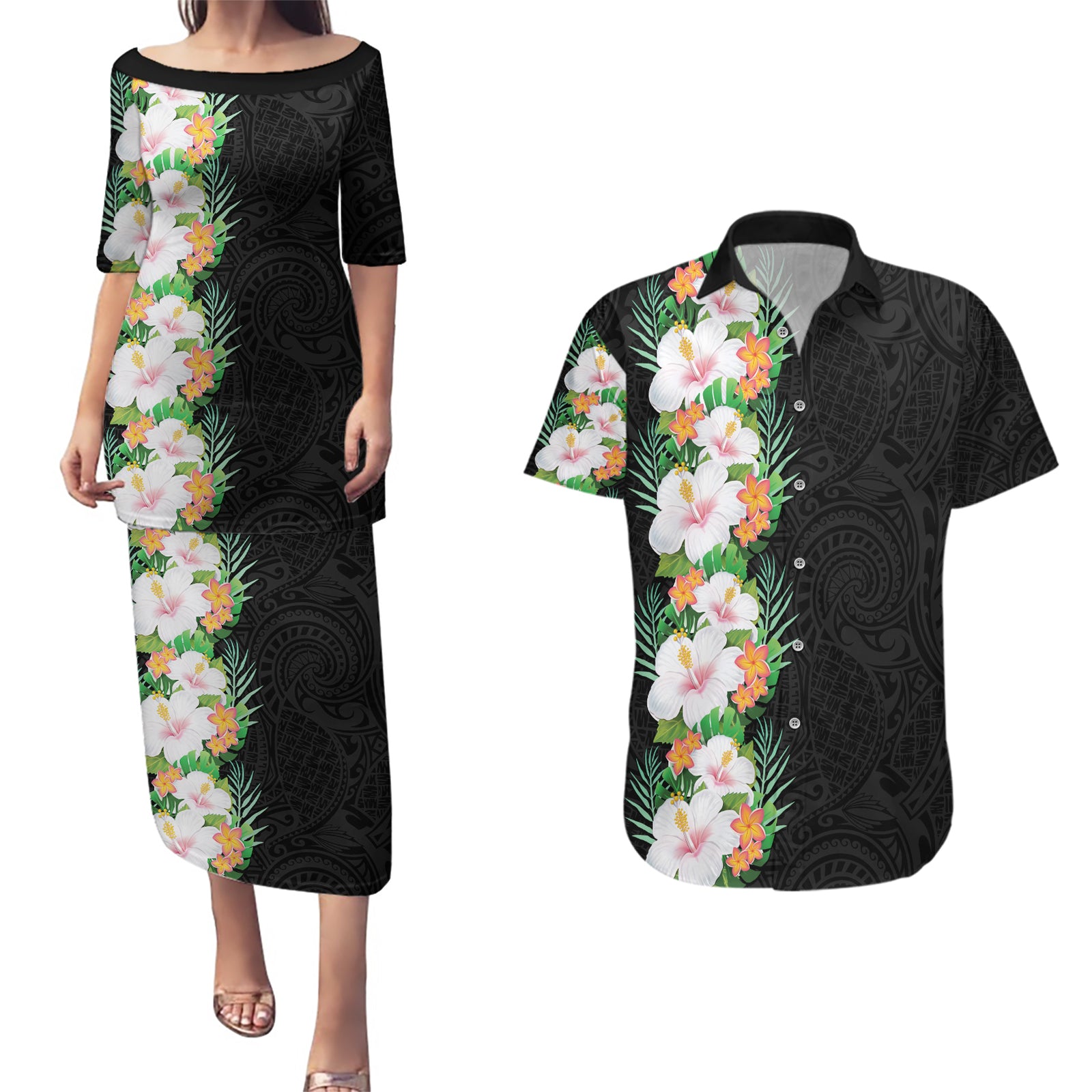 Hawaii Tropical Flowers Tribal Pattern Couples Matching Puletasi and Hawaiian Shirt No3 LT9 Black - Polynesian Pride