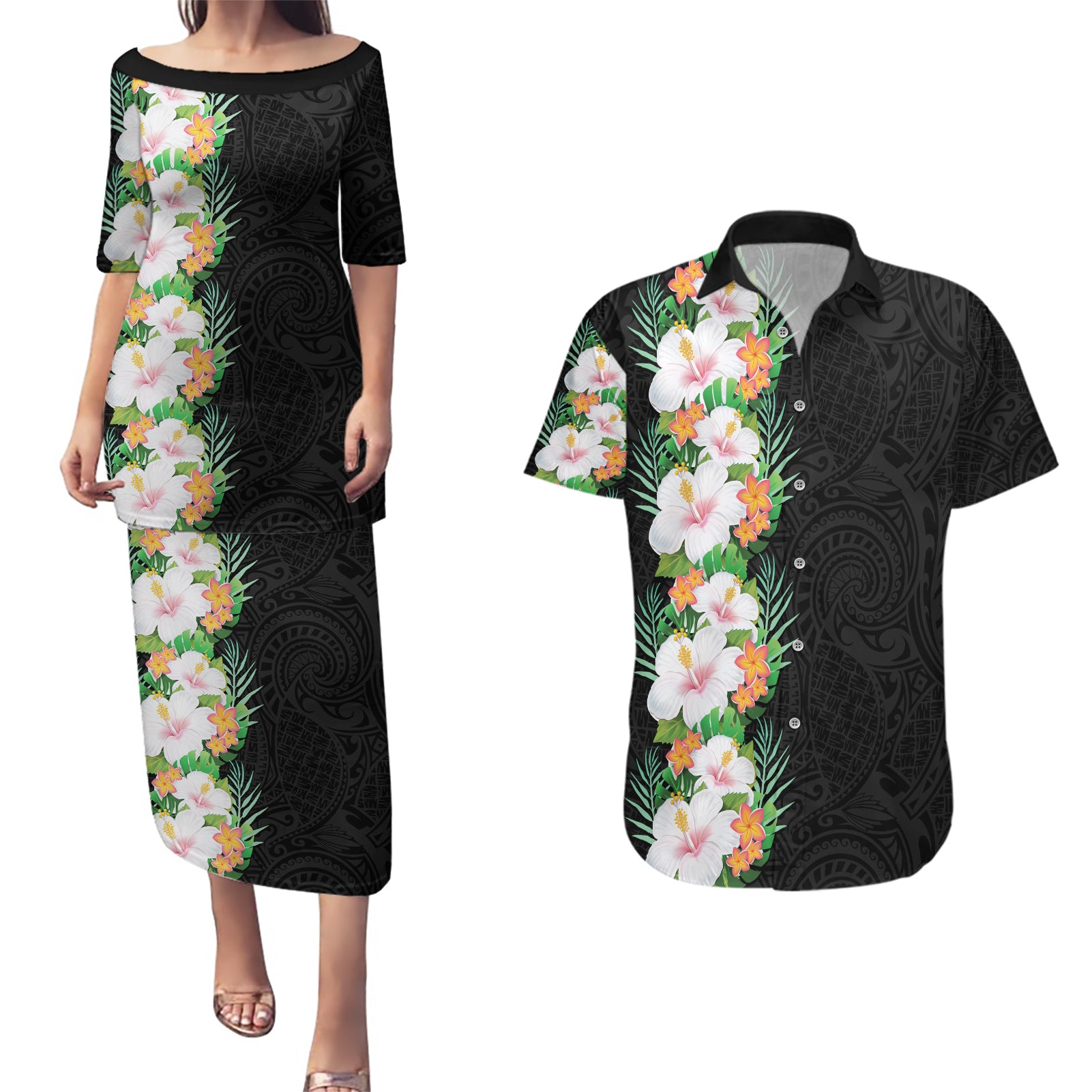 Hawaii Tropical Flowers Tribal Pattern Couples Matching Puletasi and Hawaiian Shirt No3 LT9 Black - Polynesian Pride