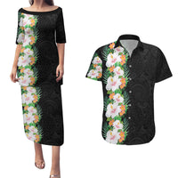 Hawaii Tropical Flowers Tribal Pattern Couples Matching Puletasi and Hawaiian Shirt No3 LT9 Black - Polynesian Pride