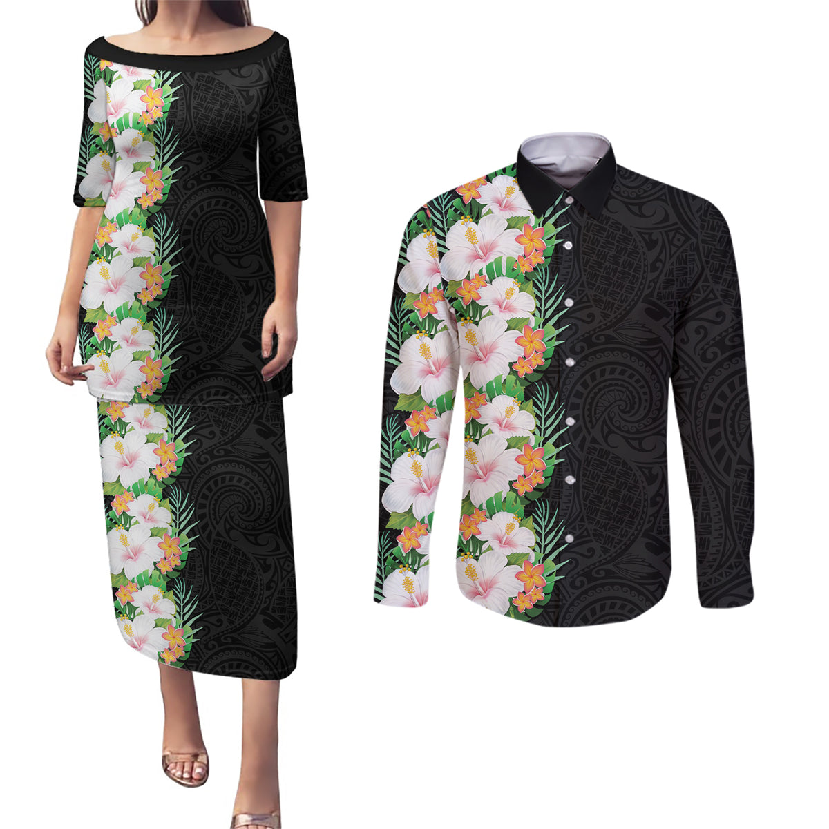 Hawaii Tropical Flowers Tribal Pattern Couples Matching Puletasi and Long Sleeve Button Shirt No3 LT9 Black - Polynesian Pride