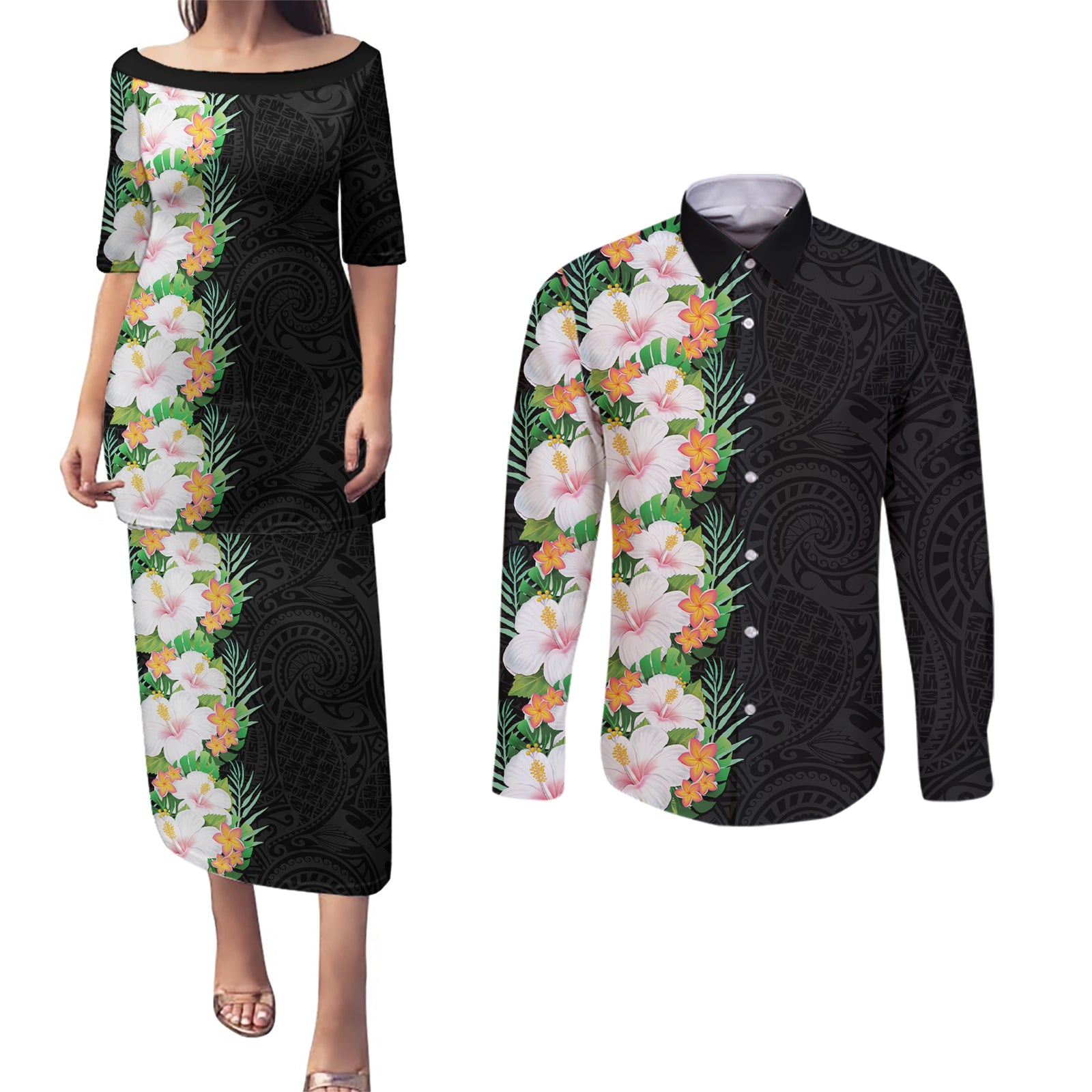 Hawaii Tropical Flowers Tribal Pattern Couples Matching Puletasi and Long Sleeve Button Shirt No3 LT9 Black - Polynesian Pride