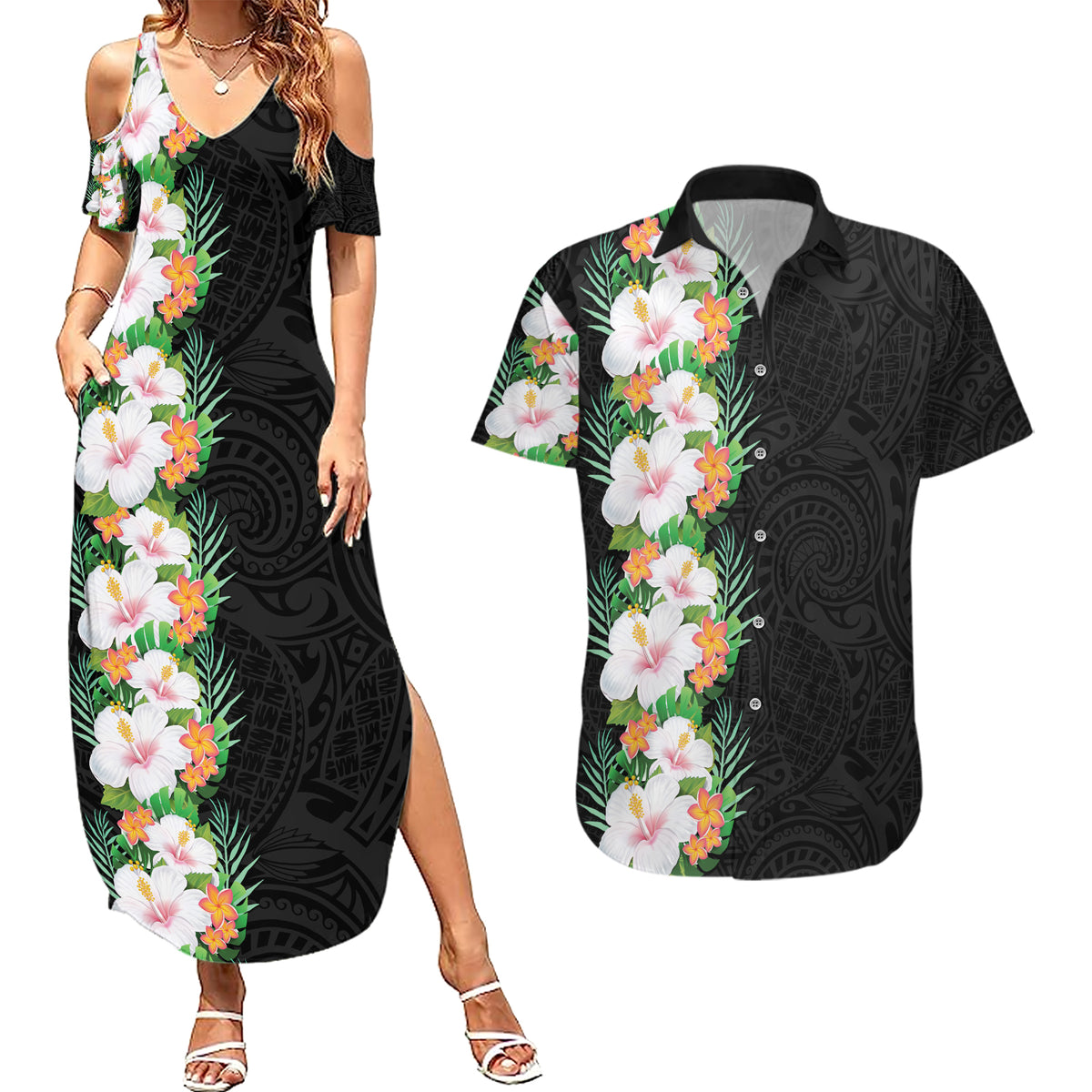 Hawaii Tropical Flowers Tribal Pattern Couples Matching Summer Maxi Dress and Hawaiian Shirt No3 LT9 Black - Polynesian Pride