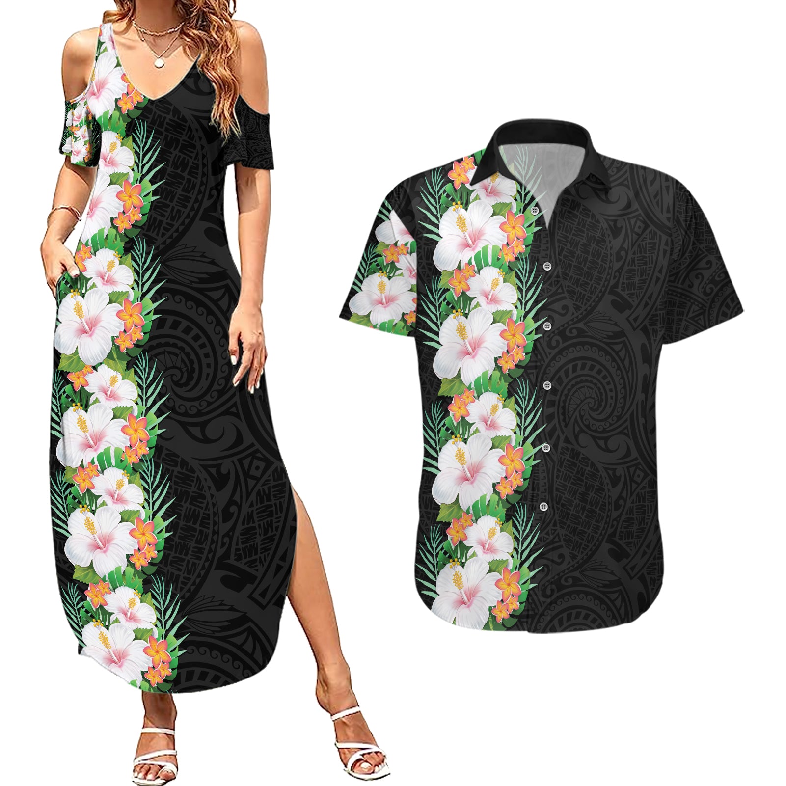 Hawaii Tropical Flowers Tribal Pattern Couples Matching Summer Maxi Dress and Hawaiian Shirt No3 LT9 Black - Polynesian Pride