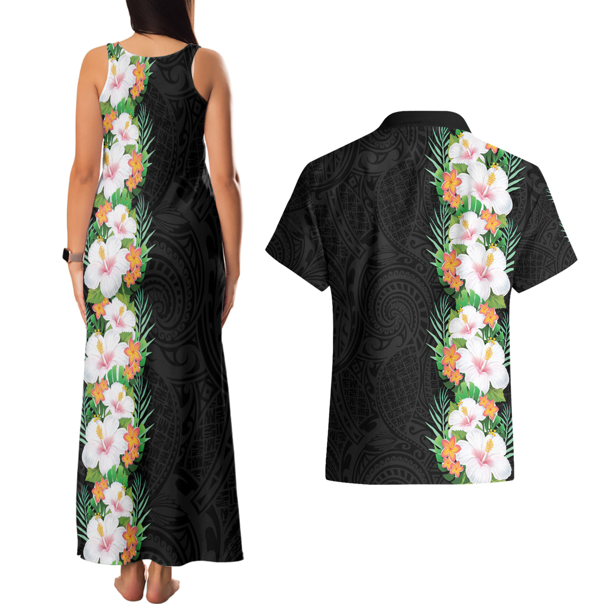 Hawaii Tropical Flowers Tribal Pattern Couples Matching Tank Maxi Dress and Hawaiian Shirt No3 LT9 - Polynesian Pride
