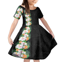 Hawaii Tropical Flowers Tribal Pattern Family Matching Long Sleeve Bodycon Dress and Hawaiian Shirt No3 LT9 Daughter's Dress Black - Polynesian Pride