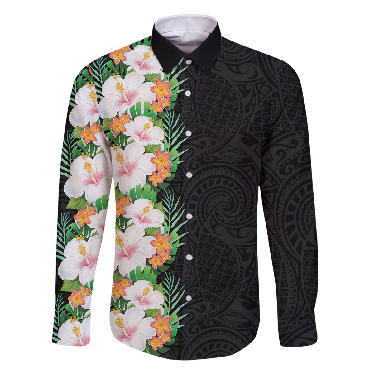 Hawaii Tropical Flowers Tribal Pattern Family Matching Off Shoulder Long Sleeve Dress and Hawaiian Shirt No3 LT9 Dad's Shirt - Long Sleeve Black - Polynesian Pride