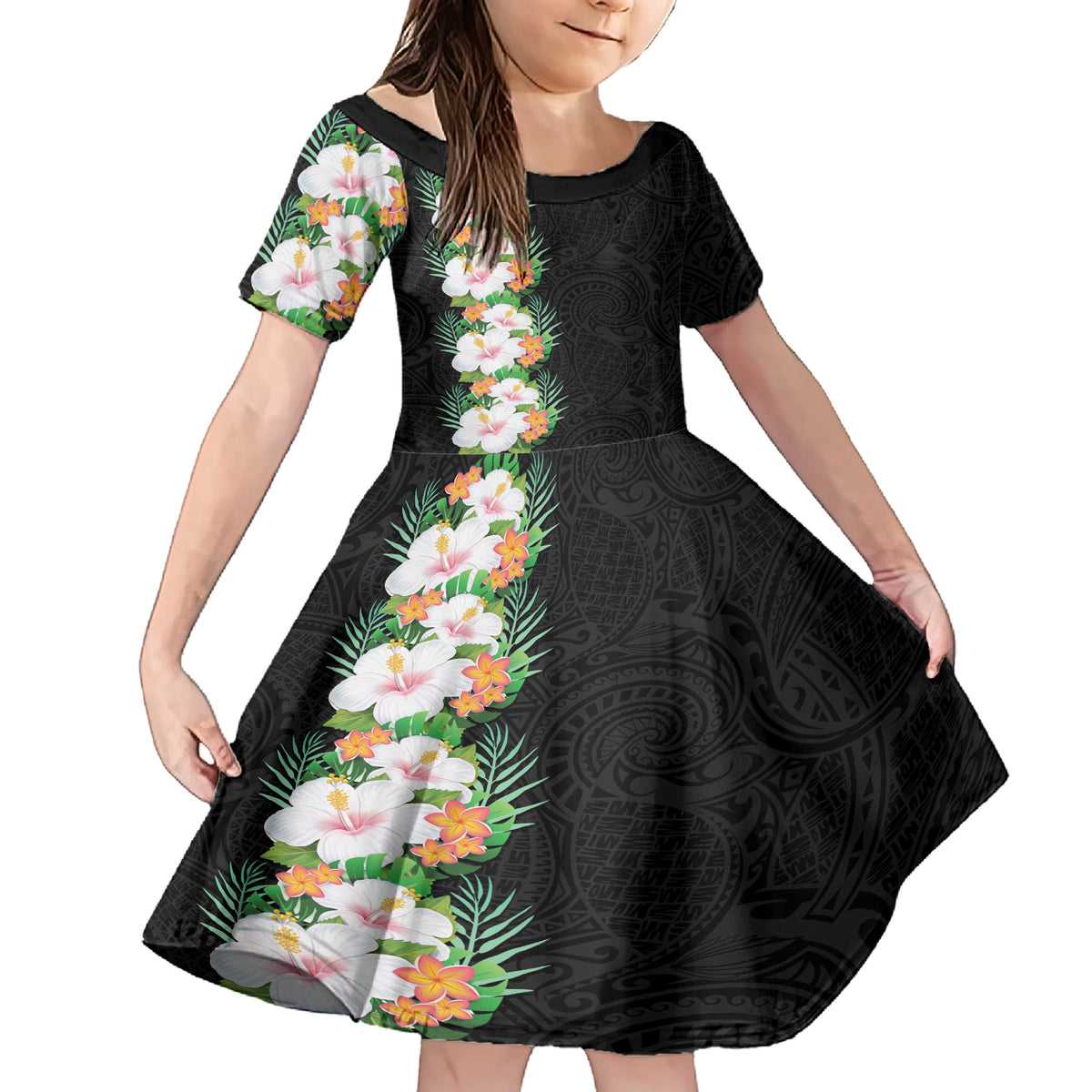 Hawaii Tropical Flowers Tribal Pattern Family Matching Short Sleeve Bodycon Dress and Hawaiian Shirt No3 LT9 Daughter's Dress Black - Polynesian Pride