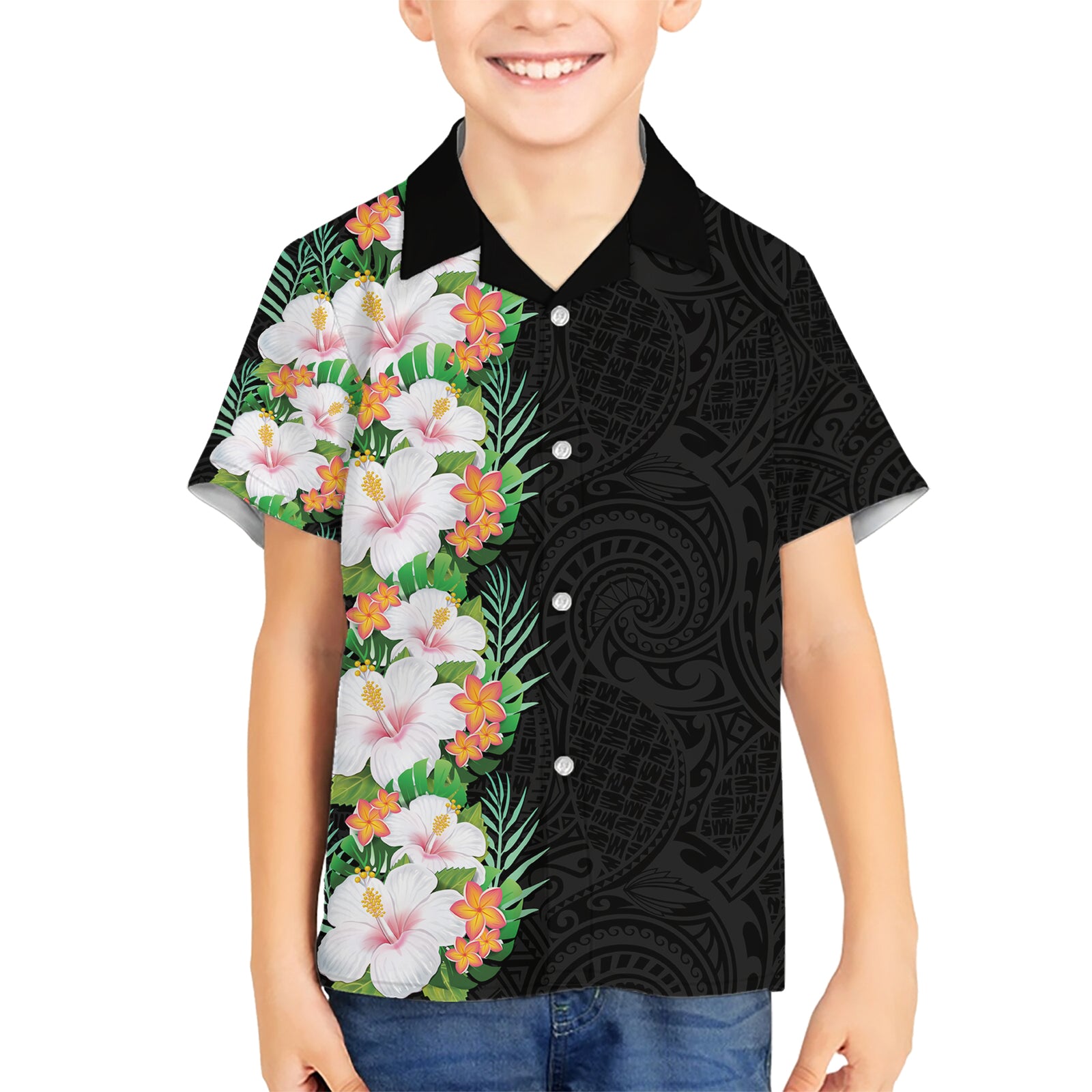 Hawaii Tropical Flowers Tribal Pattern Kid Hawaiian Shirt No3 LT9 Kid Black - Polynesian Pride