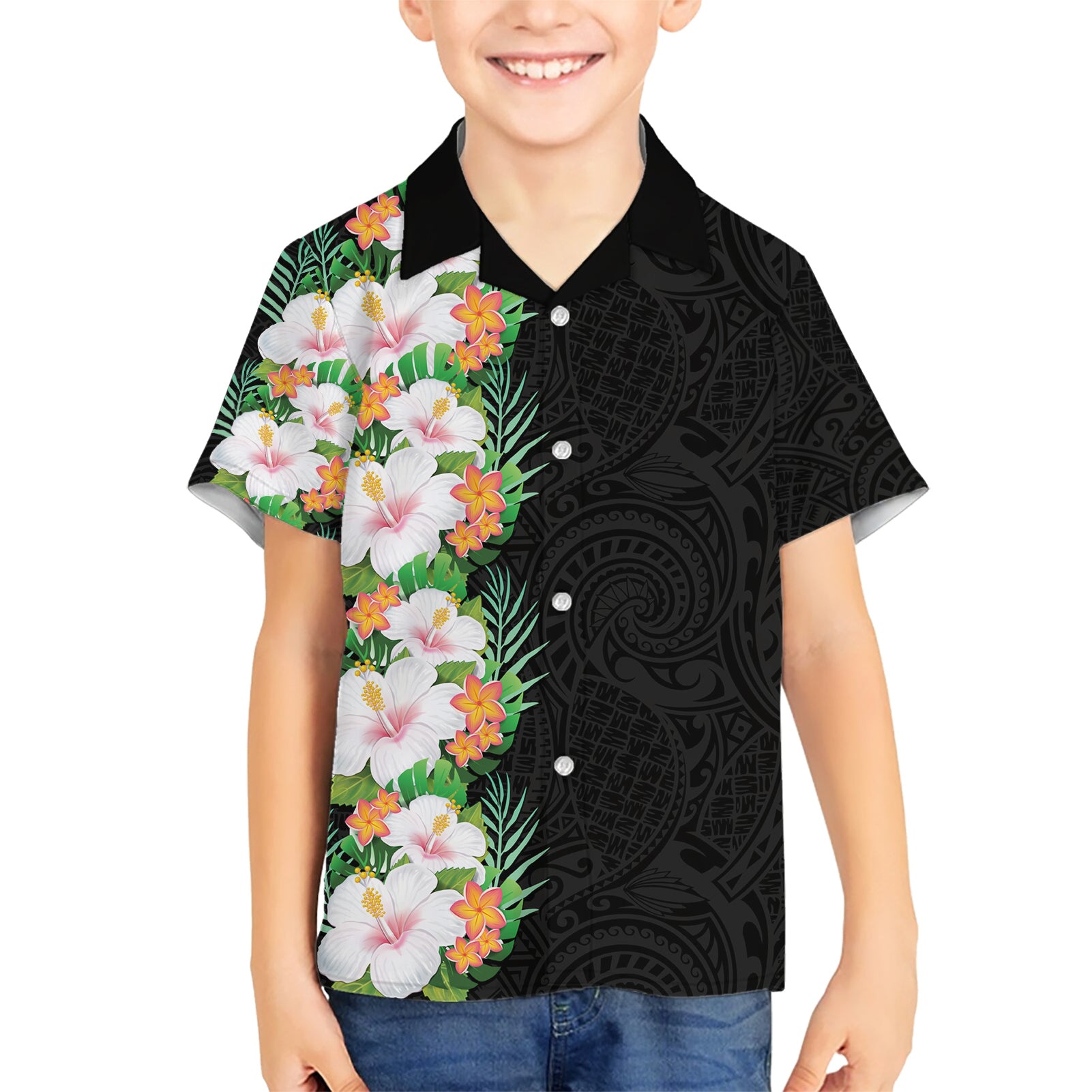 Hawaii Tropical Flowers Tribal Pattern Kid Hawaiian Shirt No3 LT9 Kid Black - Polynesian Pride