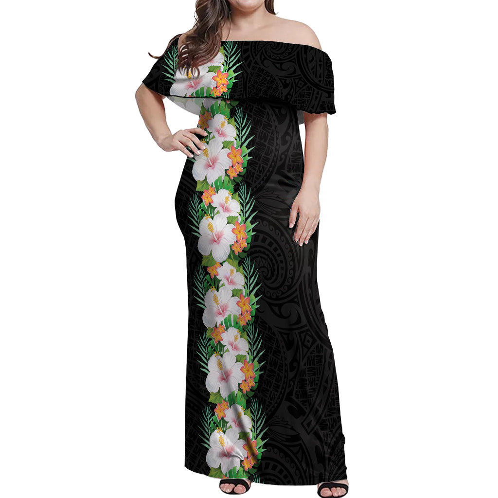 Hawaii Tropical Flowers Tribal Pattern Off Shoulder Maxi Dress No3 LT9 Women Black - Polynesian Pride