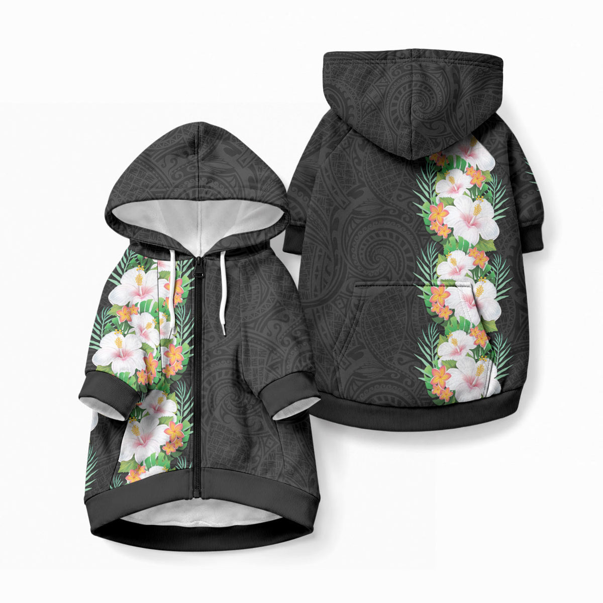 Hawaii Tropical Flowers Tribal Pattern Pet Hoodie No3 LT9 Zip-up Black - Polynesian Pride
