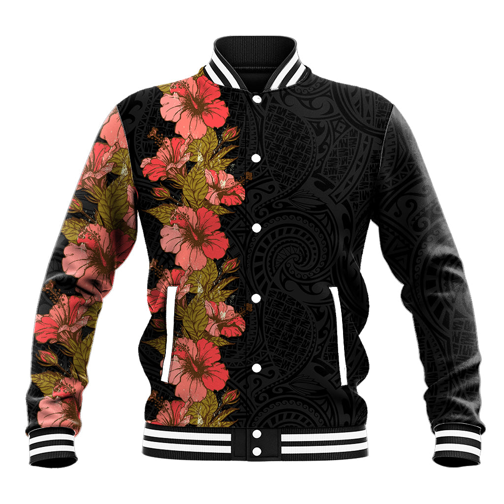Hawaii Tropical Flowers Tribal Pattern Baseball Jacket No4 LT9 Unisex Black - Polynesian Pride