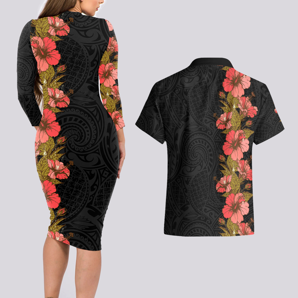 Hawaii Tropical Flowers Tribal Pattern Couples Matching Long Sleeve Bodycon Dress and Hawaiian Shirt No4 LT9 - Polynesian Pride