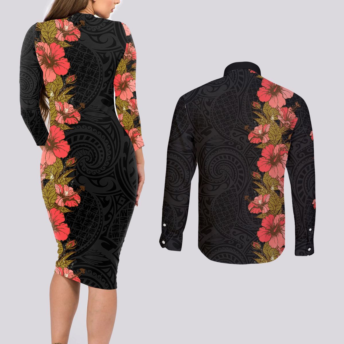 Hawaii Tropical Flowers Tribal Pattern Couples Matching Long Sleeve Bodycon Dress and Long Sleeve Button Shirt No4 LT9 - Polynesian Pride