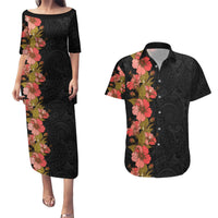 Hawaii Tropical Flowers Tribal Pattern Couples Matching Puletasi and Hawaiian Shirt No4 LT9 Black - Polynesian Pride