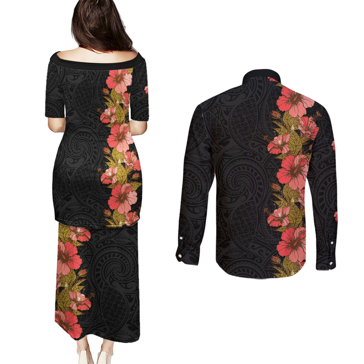Hawaii Tropical Flowers Tribal Pattern Couples Matching Puletasi and Long Sleeve Button Shirt No4 LT9 - Polynesian Pride