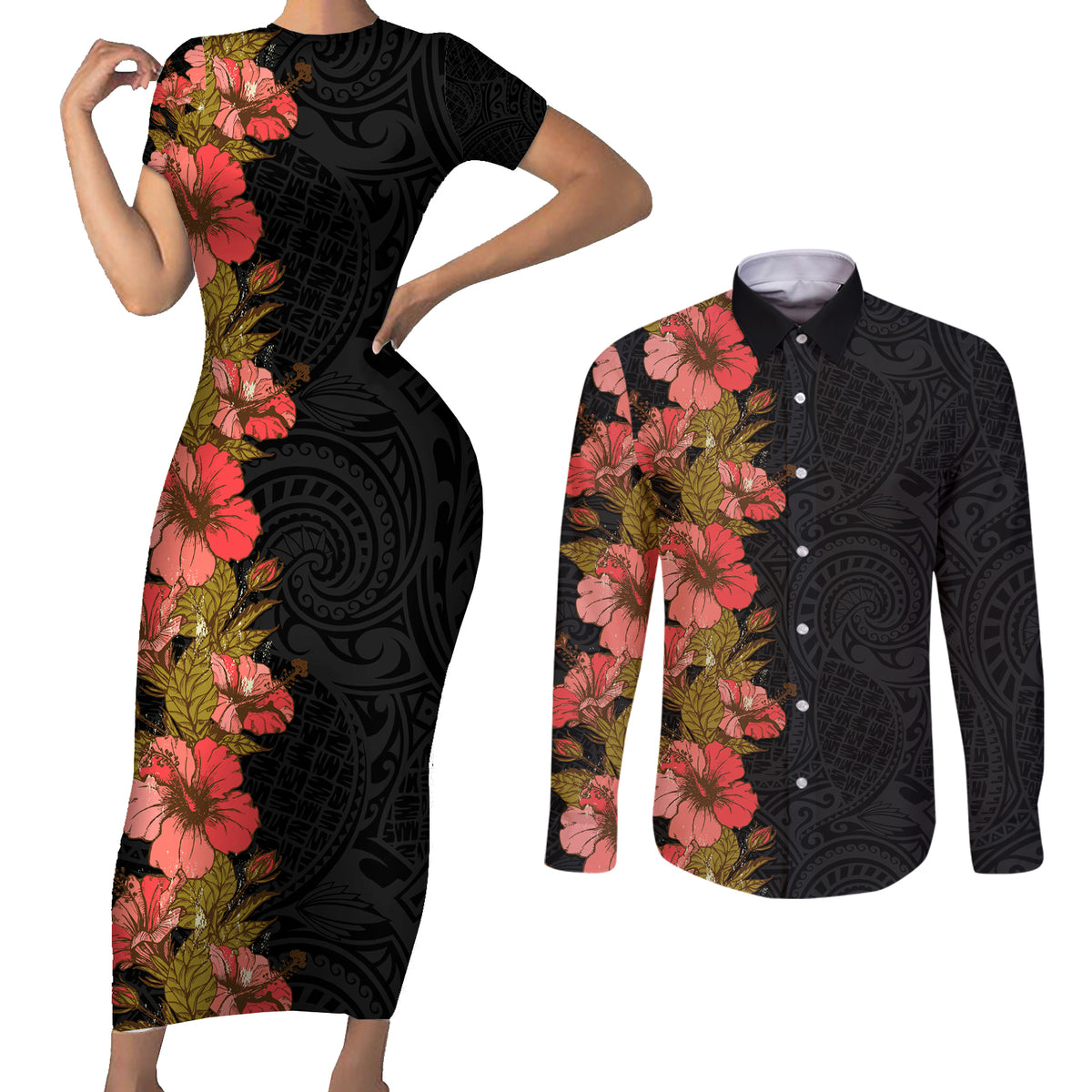 Hawaii Tropical Flowers Tribal Pattern Couples Matching Short Sleeve Bodycon Dress and Long Sleeve Button Shirt No4 LT9 Black - Polynesian Pride